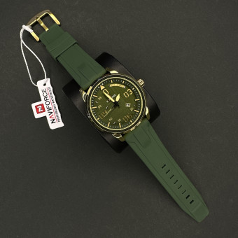 نیوی فورس مردانه موتور ژاپن کد(6483)قاب طلایی صفحه سبز بند سبز تیره