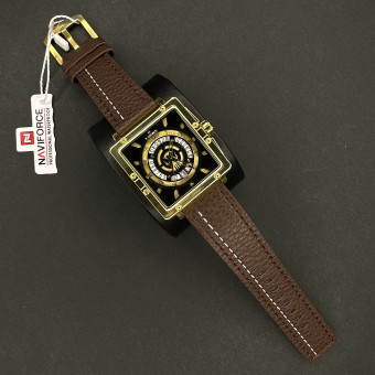 نیوی فورس مردانه موتور ژاپن مربعی کد(6504)قاب طلایی بند قهوه ای شیشه رفلکس
