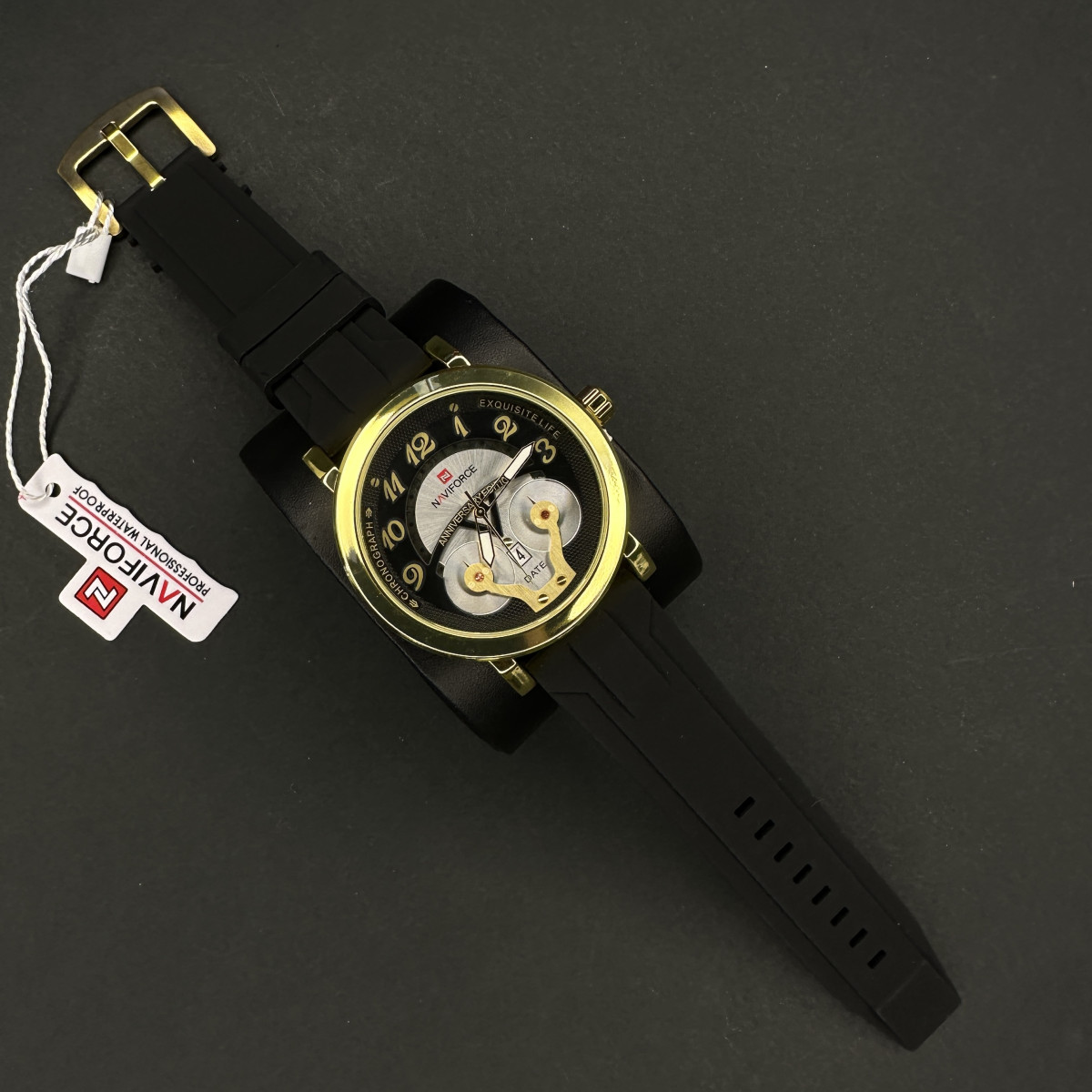 نیوی فورس مردانه موتور ژاپن کد (6489) قاب طلایی بند مشکی