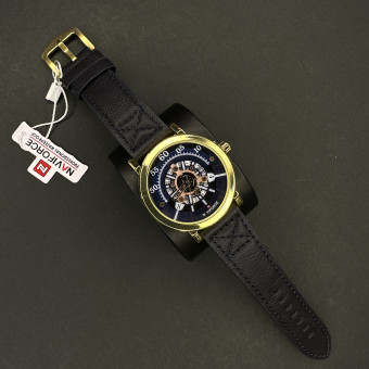 نیوی فورس مردانه موتور ژاپن کد(6492) قاب طلایی بند سرمه ای تیره