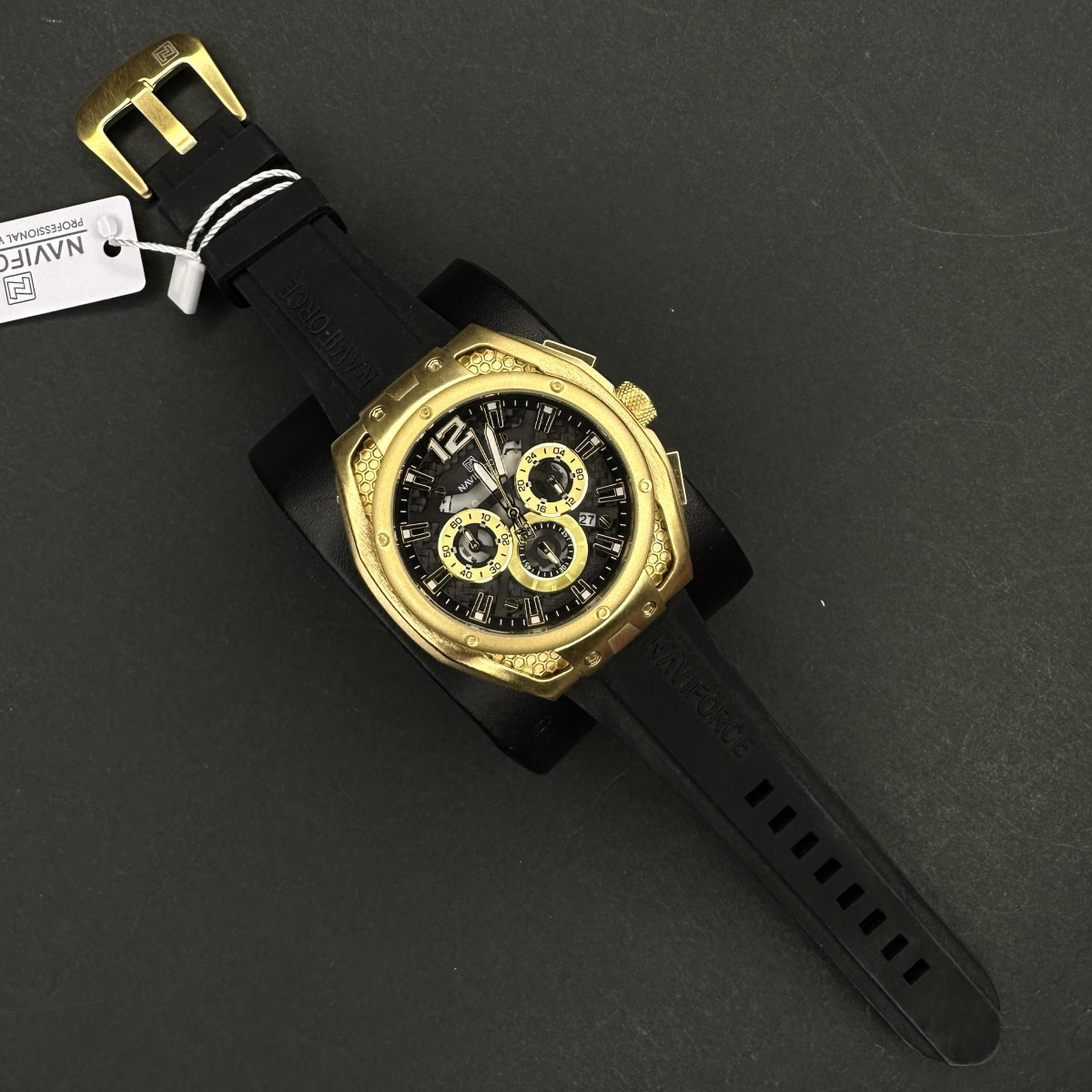 نیوی فورس مردانه موتور ژاپن کد (7214) قاب طلایی بند مشکی