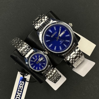 ست سیکو 5 دوتقویمه کد(6377) بند نقره ای صفحه آبی