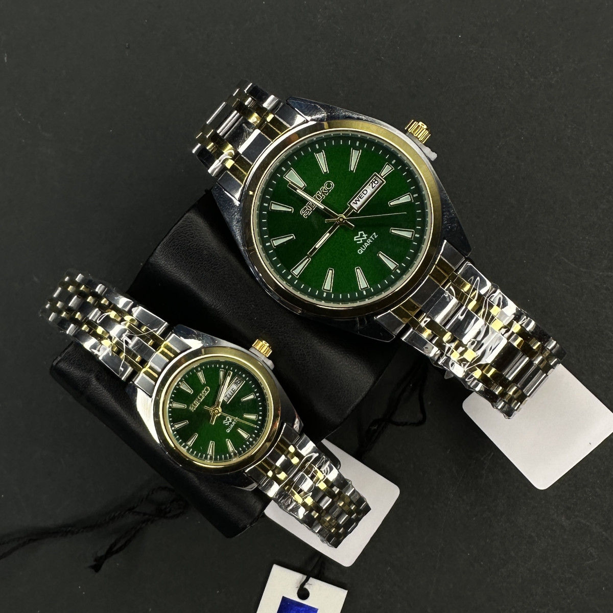 ست سیکو 5 دوتقویمه کد(6380) بند نقره ای طلایی داخل سبز