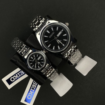 ست سیکو 5 دوتقویمه کد(6381) بند نقره ای صفحه مشکی