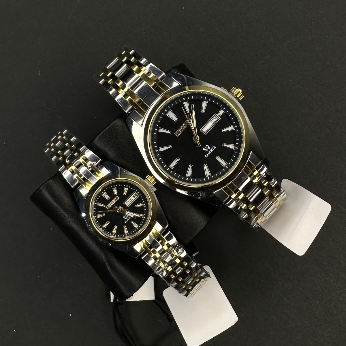 ست سیکو 5 دوتقویمه کد(6384) بند نقره ای طلایی صفحه مشکی