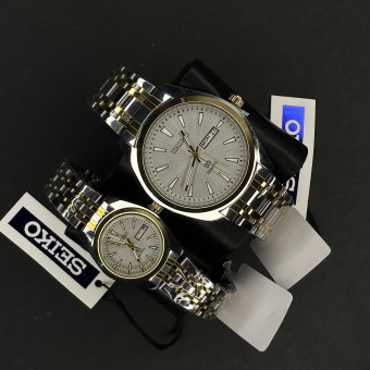 ست سیکو 5 دوتقویمه کد(6385) بند نقره ای طلایی صفحه سفید