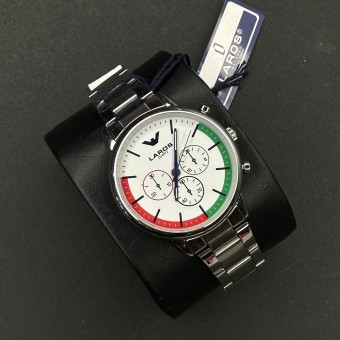 برند اورجینال LAROS موتور ژاپن (6414) نقره ای صفحه سفید عقربه سورمه ای