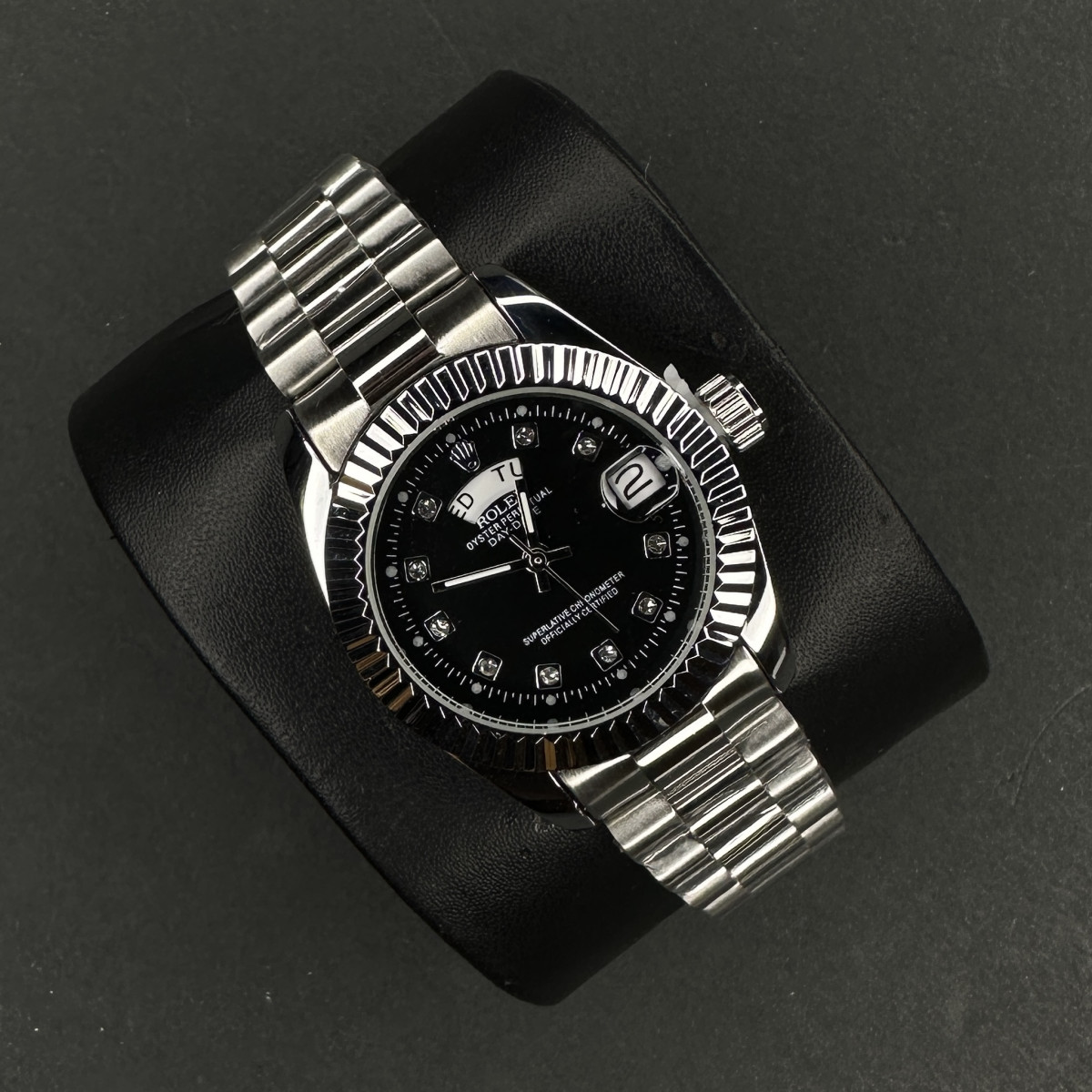 رولکس زنانه DAY DATE کد(8020) نقره ای صفحه مشکی