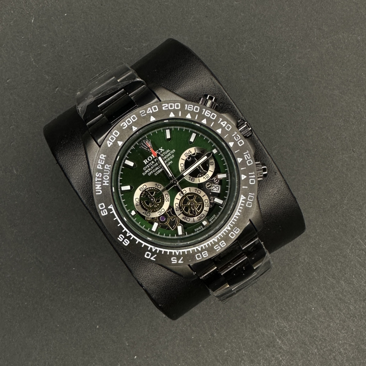 ساعت ROLEX کرنوگراف سه موتوره کد (8143) بند مشکی صفحه سبز