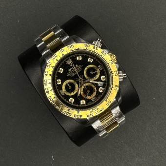 ساعت ROLEX کرنوگراف سه موتوره کد (8150) بند طلایی نقره ای صفحه مشکی