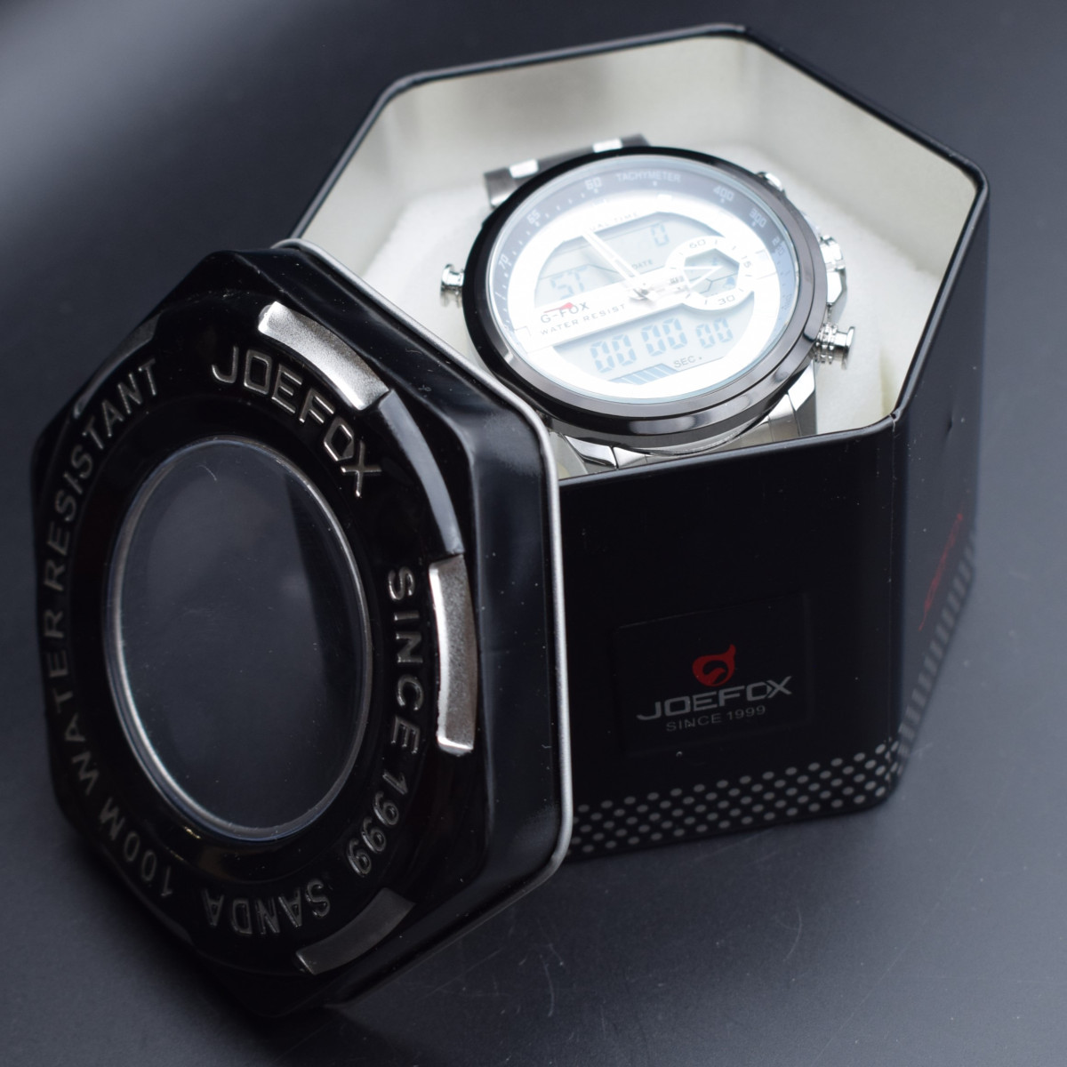 G-FOX دو زمانه کد (9120) نقره ای قاب مشکی صفحه سفید