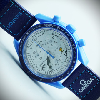 امگا سواچ MOON SWATCHکد(584)بند و قاب آبی صفحه سفید کارتونی
