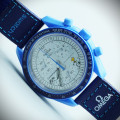 امگا سواچ MOON SWATCHکد(584)بند و قاب آبی صفحه سفید کارتونی