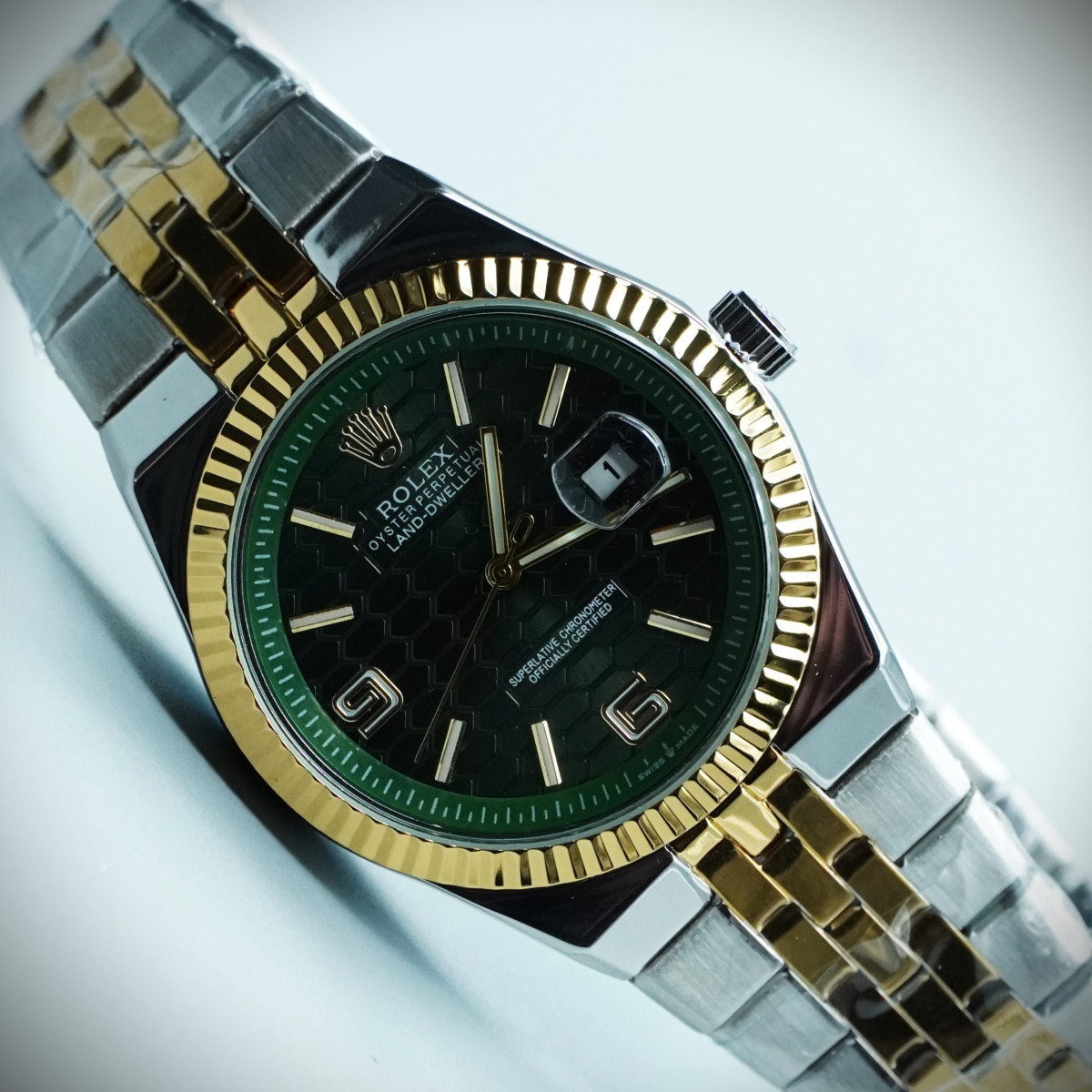 رولکس oyster perpetual مردانه کد (643) بند و قاب نقره ای طلایی صفحه سبز