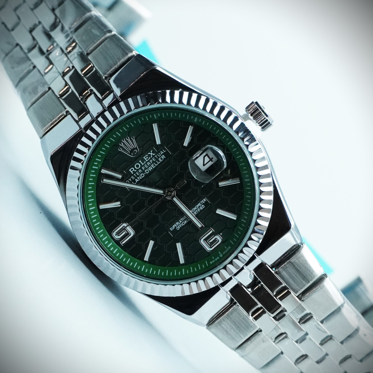 رولکس oyster perpetual مردانه کد (647) بند و قاب نقره ای صفحه سبز