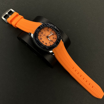 ساعت پتک فیلیپ مردانه کد(6002) قاب نقره ای صفحه نارنجی بند نارنجی