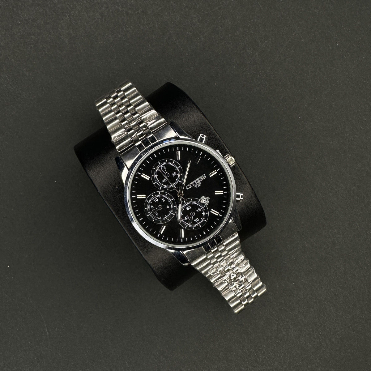 سیتیزن کد (6107) قاب نقره ای صفحه مشکی بند نقره ای