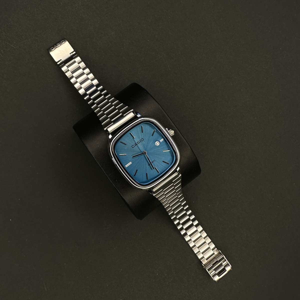 کاسیو اولدمانی مردانه کد(6226) قاب نقره ای صفحه آبی بند نقره ای