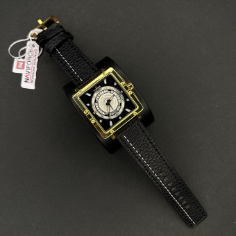 نیوی فورس مردانه موتور ژاپن مربعی کد(6503)قاب طلایی شیشه رفلکس بند مشکی