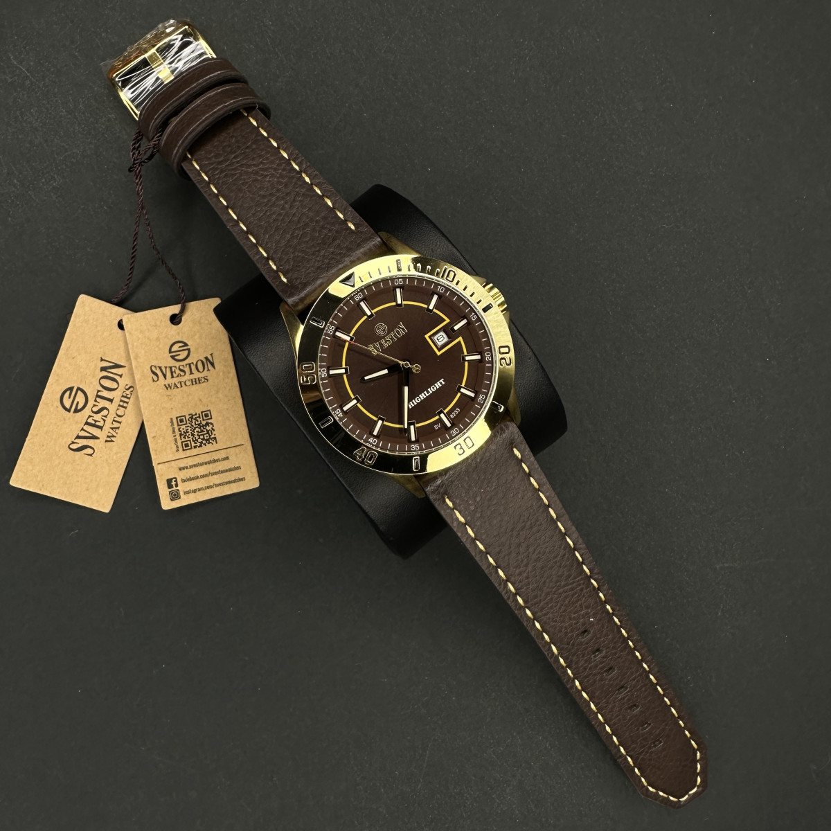 سویستون مردانه کد(6532) قاب طلایی صفحه قهوه ای خط زرد بند قهوه ای