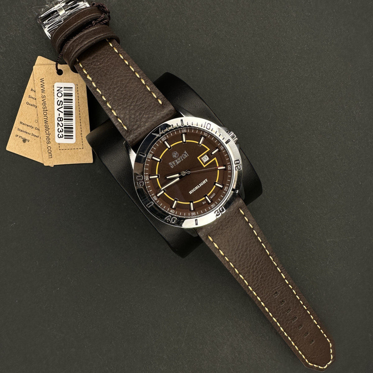 سویستون مردانه کد(6536) قاب نقره ای بند و صفحه قهوه ای خط زرد