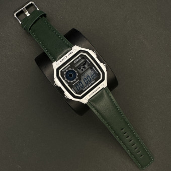 کاسیو جهان نما بند چرمی مردانه کد (6585) قاب سفید بند سبز