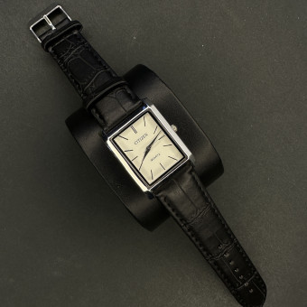 سیتیزن مردانه کد (6594) قاب نقره ای صفحه سفید بند مشکی