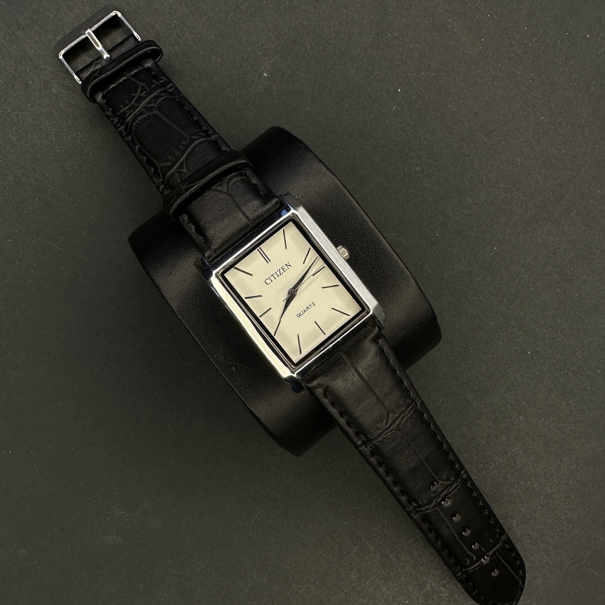 سیتیزن مردانه کد (6594) قاب نقره ای صفحه سفید بند مشکی