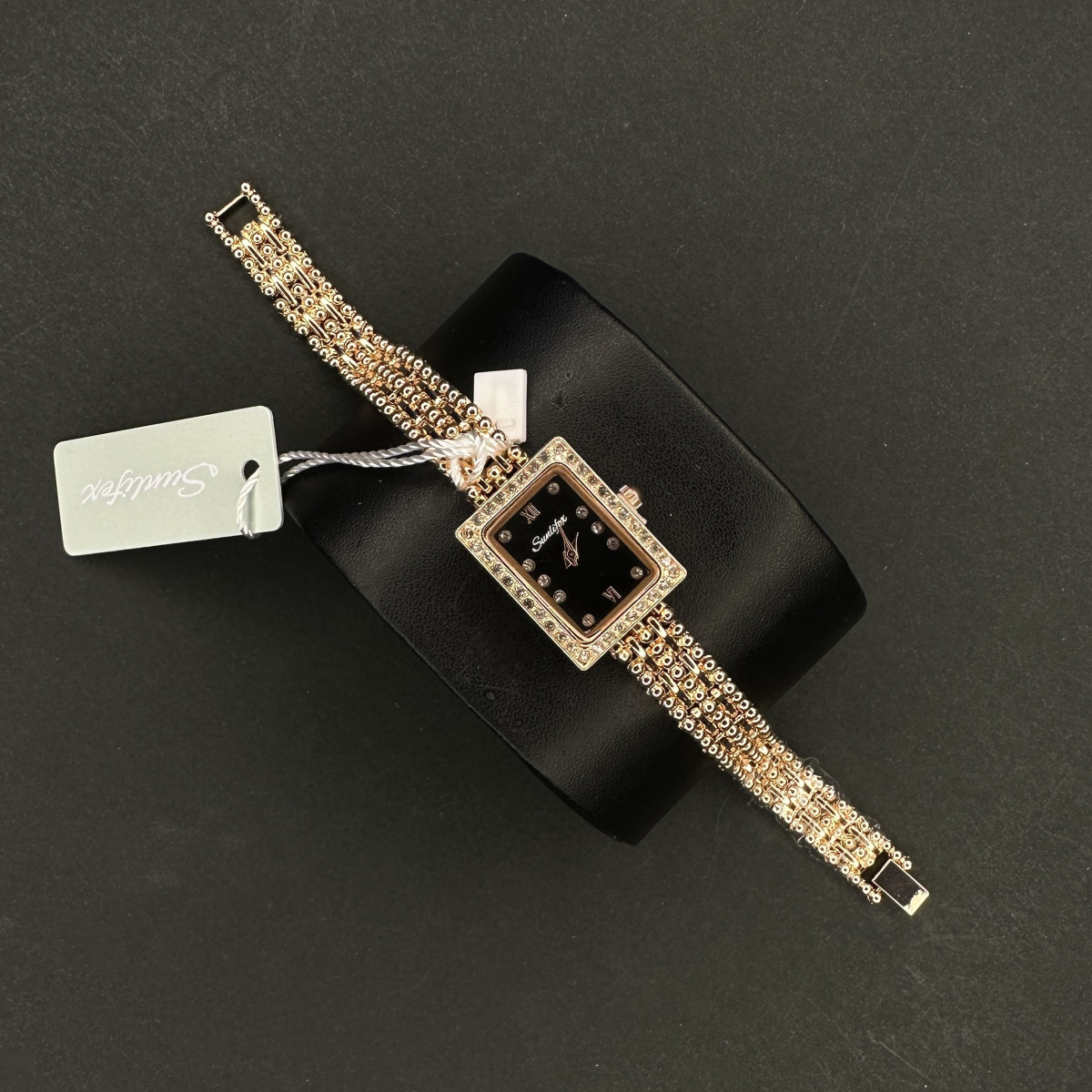 زنانه مستطیلی کد (6618) قاب و بند رزگلد صفحه مشکی