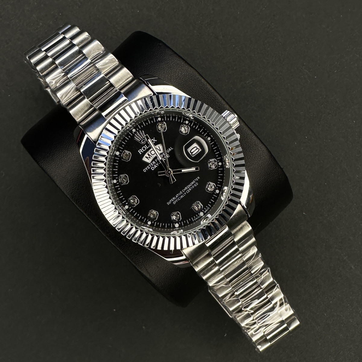 رولکس دو تقویمه کد(6685) قاب و بند نقره ای صفحه مشکی