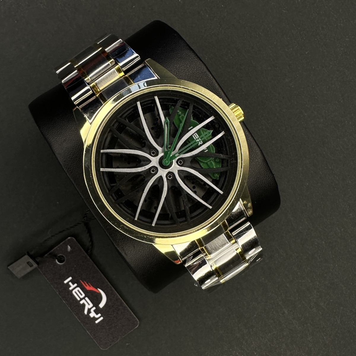 رینگی مردانه کد (6690) قاب طلایی عقربه سبز بند طلایی نقره ای