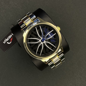 رینگی مردانه کد (6691) قاب طلایی عقربه آبی بند طلایی نقره ای