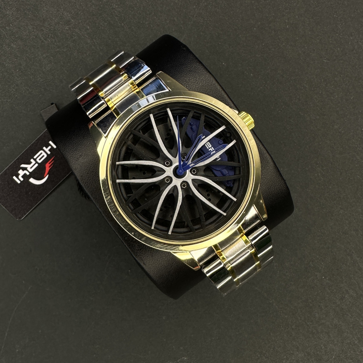 رینگی مردانه کد (6691) قاب طلایی عقربه آبی بند طلایی نقره ای