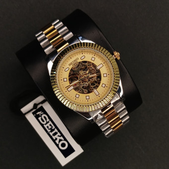 اتومات مردانه سیکو 5 مردانه کد(6660) قاب و صفحه طلایی بند طلایی نقره ای