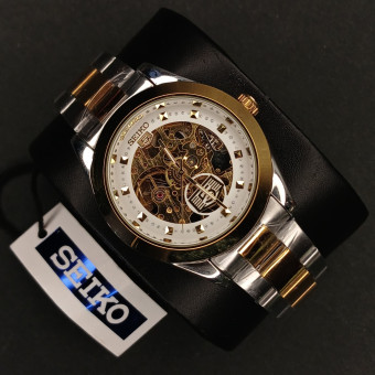 اتومات مردانه سیکو 5 مردانه کد(6846) قاب طلایی سفید بند طلایی نقره ای