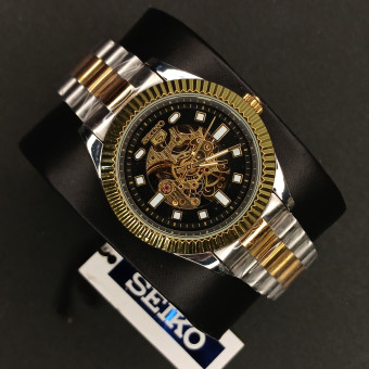 اتومات مردانه سیکو 5 مردانه کد(6847) قاب طلایی مشکی بند طلایی نقره ای