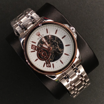 رولکس اتومات مردانه کد(6875) قاب مسی نقره ای بند نقره ای صفحه سفید