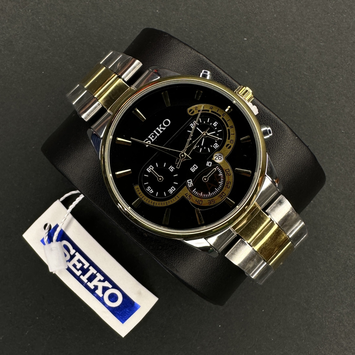 سیکو کد(6892) قاب طلایی صفحه مشکی بند طلایی نقره ای