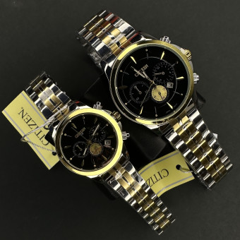 سیتیزن کد(6898) قاب طلایی صفحه مشکی بند طلایی نقره ای