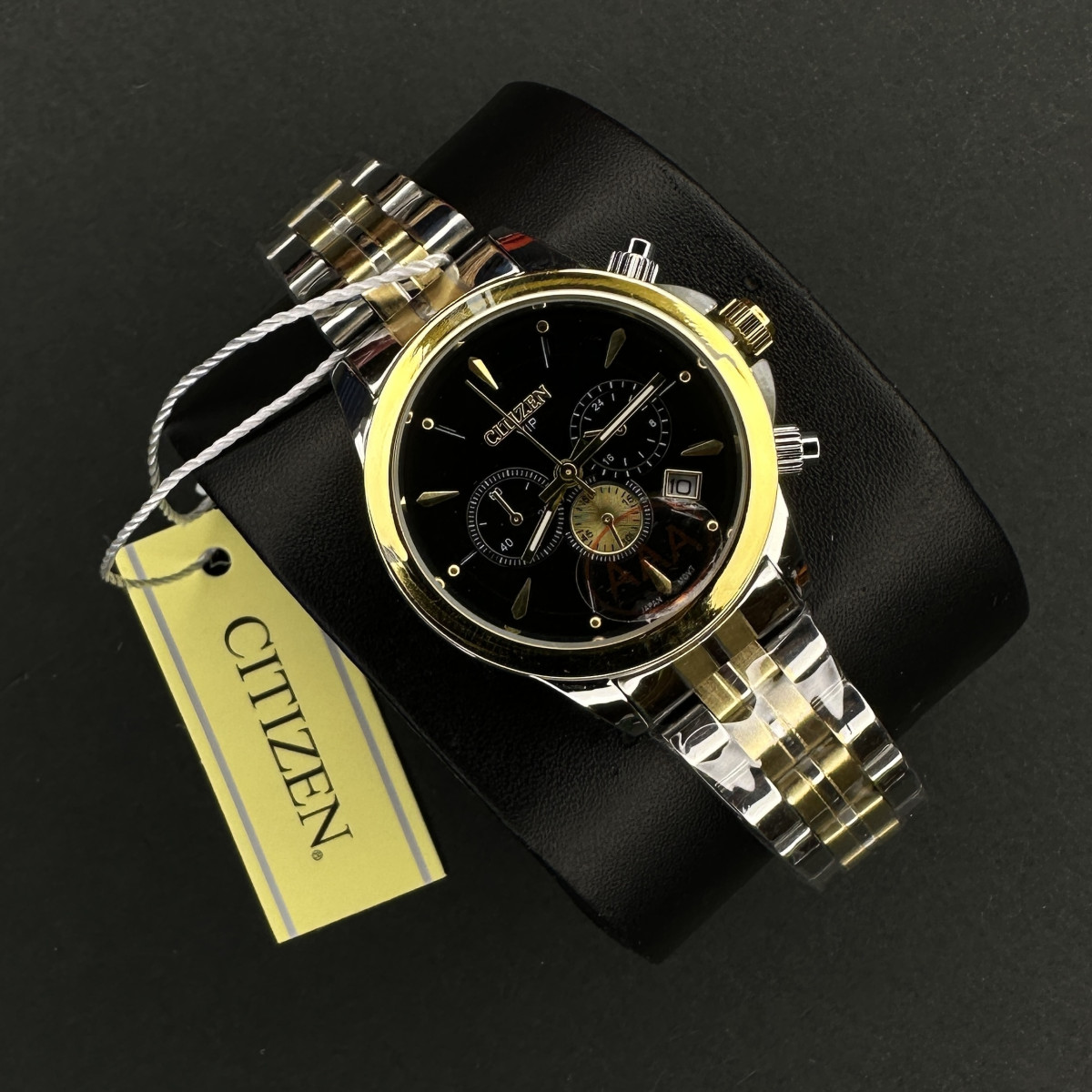 سیتیزن کد(6898) قاب طلایی صفحه مشکی بند طلایی نقره ای