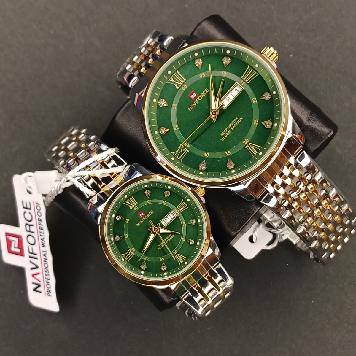 ست نیوی فورس کد(6939) قاب و بند طلایی نقره ای صفحه سبز