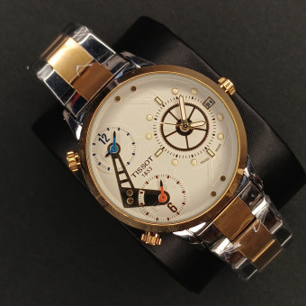 تیسوت مردانه کد(6974) قاب و بند طلایی نقره ای صفحه سفید شیشه رفلکس