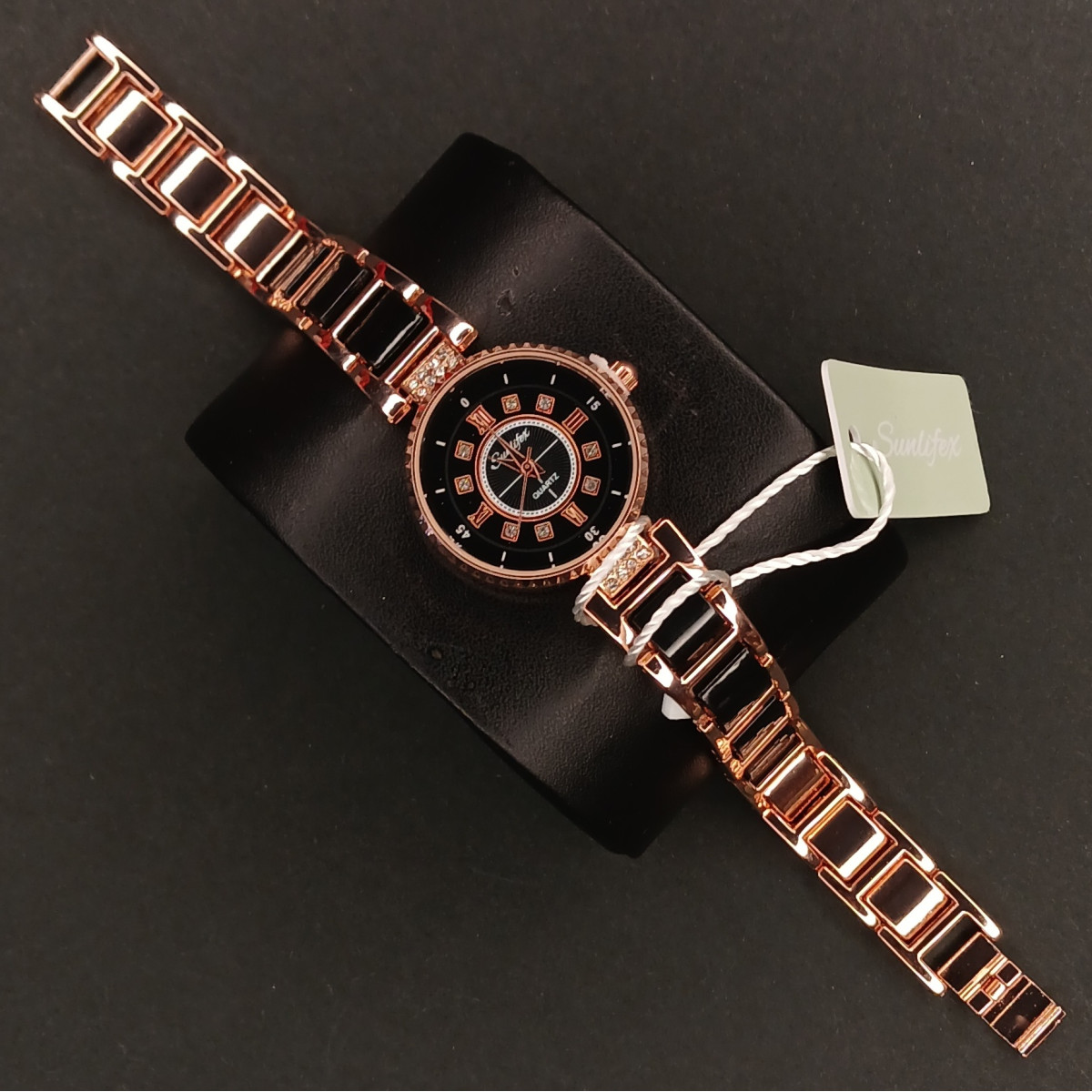 زنانه دایره ای Sunlifex کد (6985) رزگلد صفحه مشکی بند رزگلد مشکی