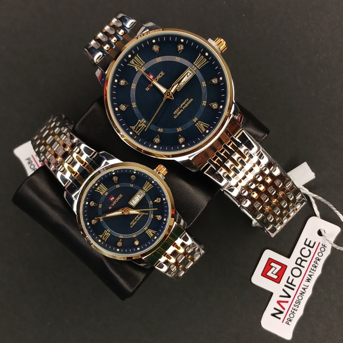 ست نیوی فورس کد(6988) قاب و بند طلایی نقره ای صفحه سرمه ای